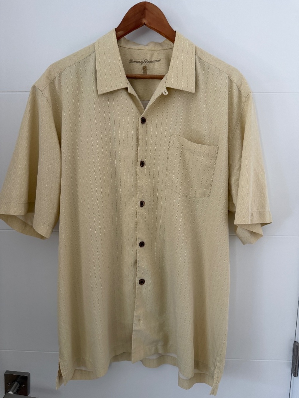 Tommy Bahama 100% Silk Geometric Diamond Jacquard Camp Shirt Cream Mens Large